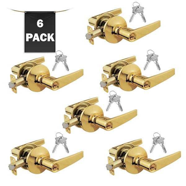 Premier Lock Entry Door Lever Lock Set Set of 6, Keyed Alike, Polished Brass, 6PK LEV01X-6 - main